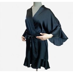 Victoria’s Secret Black Satin Glossy Tie Kimono Robe Ruffled M/L Women's